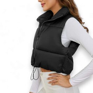 Black Sleeveless Tall Collar Zip Up Puffer Vest Jacket NEW